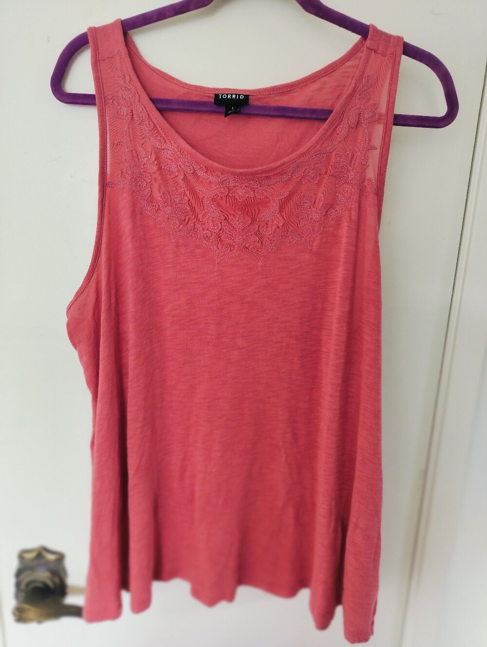 Torrid Coral Pink Cotton Modal Slub Tank Top Embroidered Mesh Lace Yoke Size 1